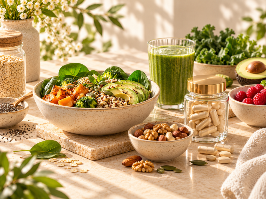 Gesunde Bowl mit frischem Gemüse, Avocado und Getreide, dazu ein grüner Smoothie, Nüsse und Nahrungsergänzungsmittel.