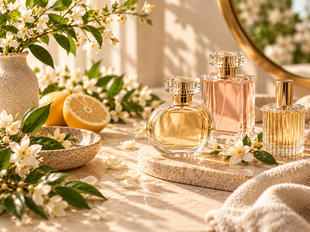 Drei elegante Parfumflakons in warmen Gold- und Rosétönen, umgeben von weißen Blüten und frischen Zitronen.
