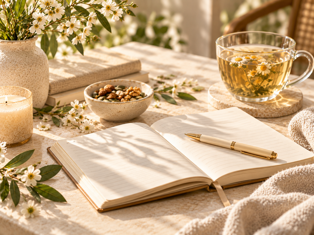Aufgeschlagenes Notizbuch mit goldenem Stift, einer Tasse Kräutertee und Blumen auf einem hellen Tisch im warmen Sonnenlicht.