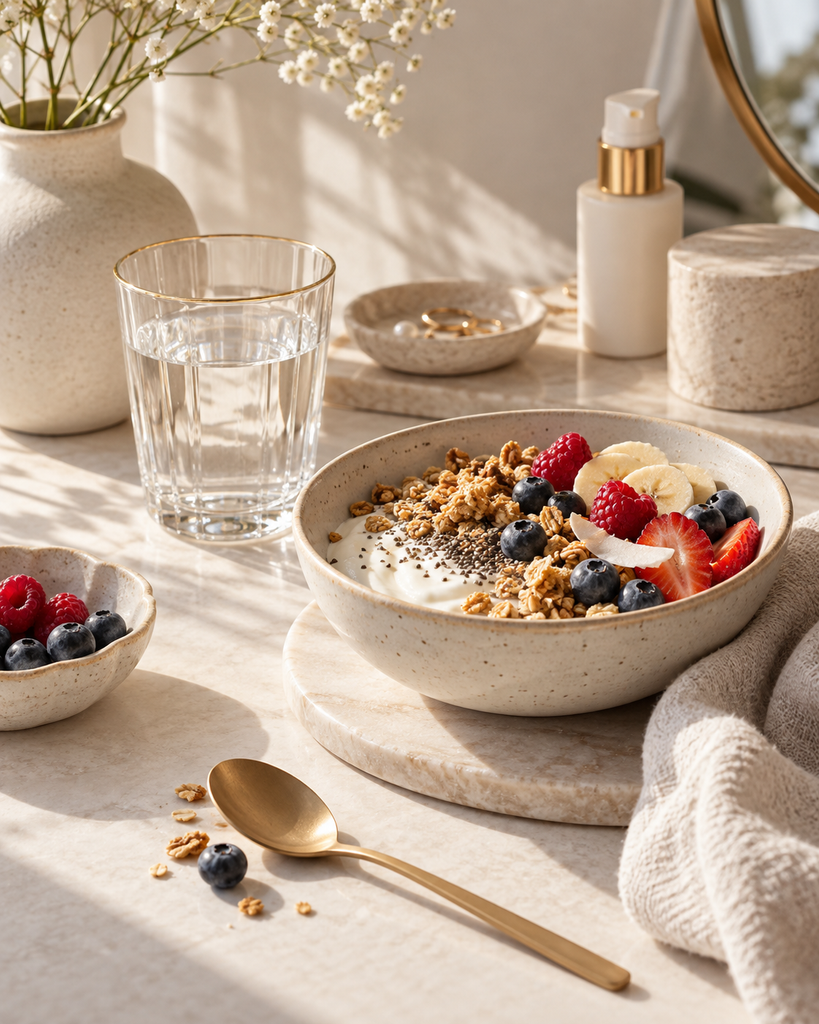 Elegante Frühstücksszene mit Joghurt, Beeren, Granola, einem Glas Wasser und dezenten Beauty-Accessoires in warmen Naturtönen.