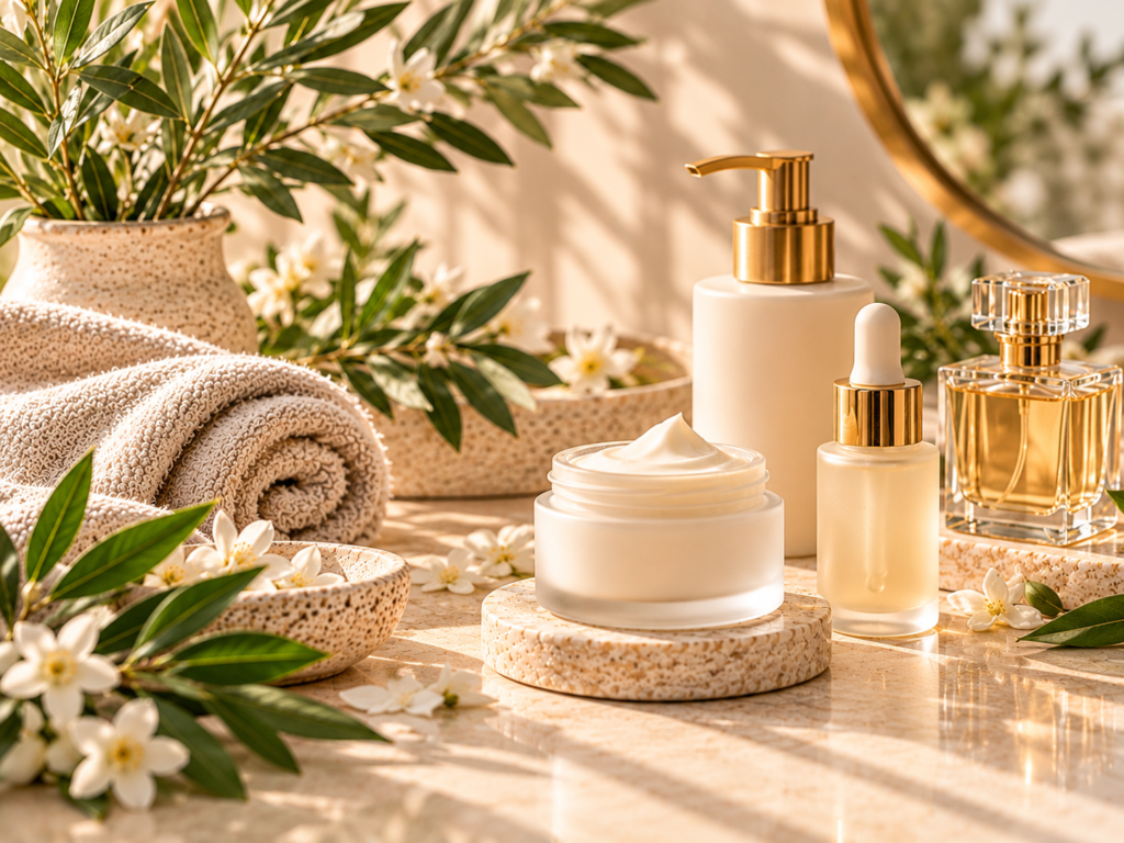Elegante Hautpflegeprodukte mit Gesichtscreme, Serum und Lotion auf einer hellen Marmoroberfläche, umgeben von Blumen und weichen Handtüchern in warmem Licht.