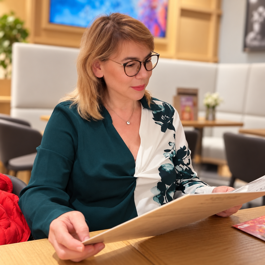 Shpresa sitzt an einem Tisch und betrachtet eine Speisekarte.